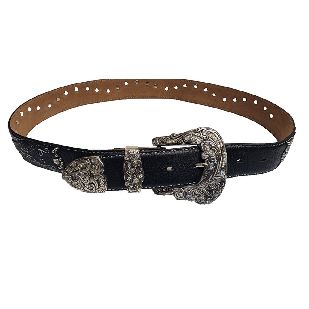 Tony Lama Leather Belt Women Size 34 Black Kaitlyn Crystal Studded Belt Cowgirl